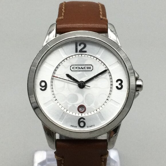 Coach Watch Women 32mm Silver Tone Logo Dial Date Leather Band New Battery - Picture 1 of 15